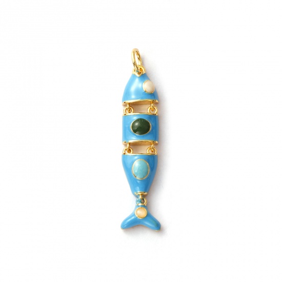 Immagine di 1 Pz Ecologico Ottone Gioielli Oceanici Ciondoli Pendenti 18K Vero Oro Placcato Blu Smalto Pesce Mobile 3.6cm x 0.8cm