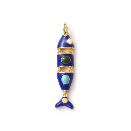 Picture of 1 Piece Eco-friendly Brass Ocean Jewelry Pendants 18K Real Gold Plated Dark Blue Enamel Fish Animal Movable 3.6cm x 0.8cm