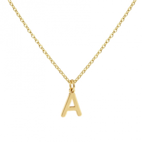Picture of 18K Real Gold Plated Link Cable Chain Pendant Charm Necklace, Brass 45cm(17.7") + 5cm(2"), For Women, Message " A " Minimalist Capital Alphabet Initial Letter Name Gift, Eco-friendly, 1 Piece