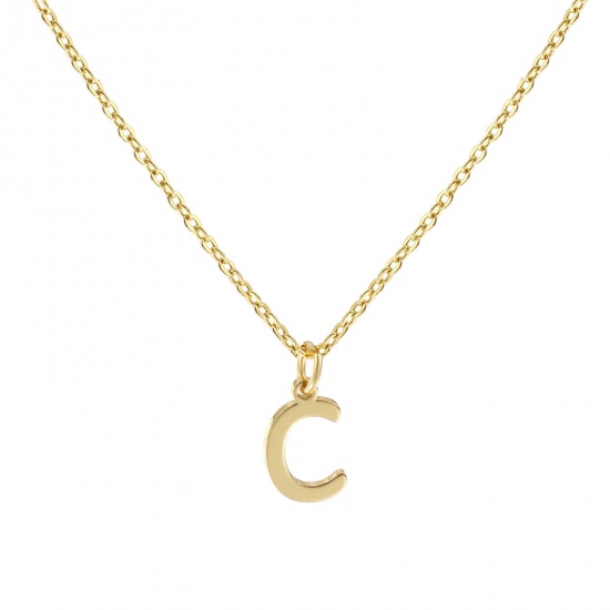 Picture of 18K Real Gold Plated Link Cable Chain Pendant Charm Necklace, Brass 45cm(17.7") + 5cm(2"), For Women, Message " C " Minimalist Capital Alphabet Initial Letter Name Gift, Eco-friendly, 1 Piece