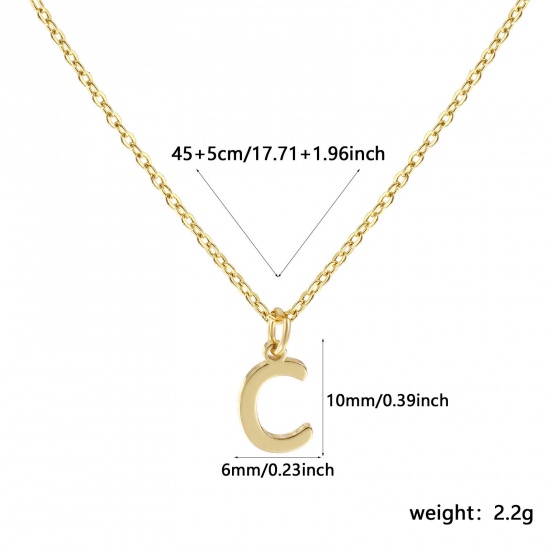 Picture of 18K Real Gold Plated Link Cable Chain Pendant Charm Necklace, Brass 45cm(17.7") + 5cm(2"), For Women, Message " C " Minimalist Capital Alphabet Initial Letter Name Gift, Eco-friendly, 1 Piece