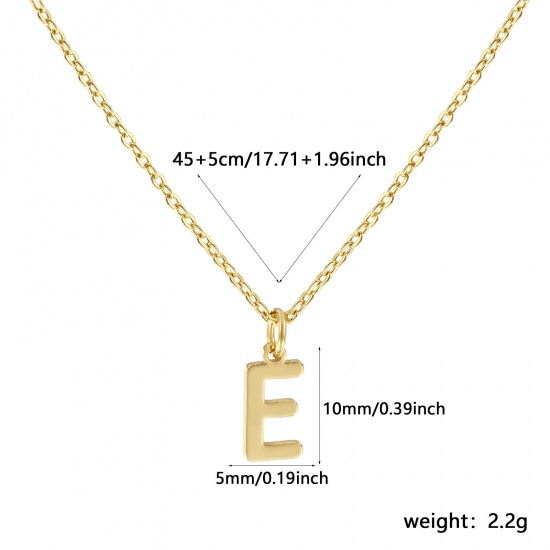 Picture of 18K Real Gold Plated Link Cable Chain Pendant Charm Necklace, Brass 45cm(17.7") + 5cm(2"), For Women, Message " E " Minimalist Capital Alphabet Initial Letter Name Gift, Eco-friendly, 1 Piece