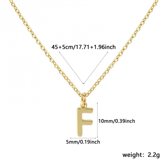 Picture of 18K Real Gold Plated Link Cable Chain Pendant Charm Necklace, Brass 45cm(17.7") + 5cm(2"), For Women, Message " F " Minimalist Capital Alphabet Initial Letter Name Gift, Eco-friendly, 1 Piece