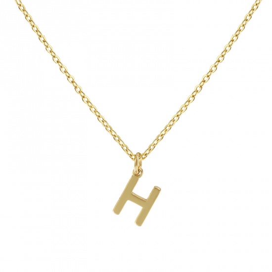 Picture of 18K Real Gold Plated Link Cable Chain Pendant Charm Necklace, Brass 45cm(17.7") + 5cm(2"), For Women, Message " H " Minimalist Capital Alphabet Initial Letter Name Gift, Eco-friendly, 1 Piece