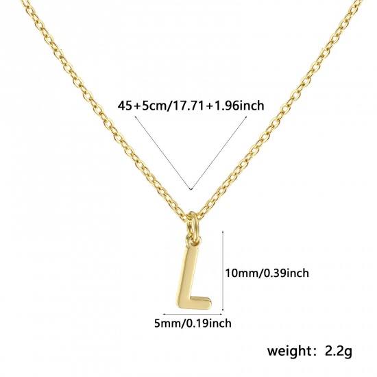 Picture of 18K Real Gold Plated Link Cable Chain Pendant Charm Necklace, Brass 45cm(17.7") + 5cm(2"), For Women, Message " L " Minimalist Capital Alphabet Initial Letter Name Gift, Eco-friendly, 1 Piece