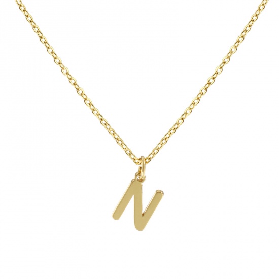 Picture of 18K Real Gold Plated Link Cable Chain Pendant Charm Necklace, Brass 45cm(17.7") + 5cm(2"), For Women, Message " N " Minimalist Capital Alphabet Initial Letter Name Gift, Eco-friendly, 1 Piece