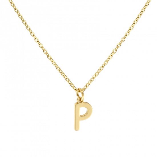 Picture of 18K Real Gold Plated Link Cable Chain Pendant Charm Necklace, Brass 45cm(17.7") + 5cm(2"), For Women, Message " P " Minimalist Capital Alphabet Initial Letter Name Gift, Eco-friendly, 1 Piece
