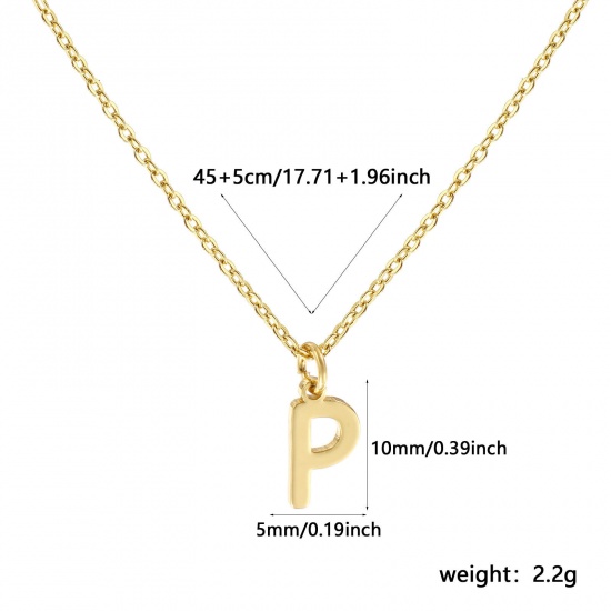 Picture of 18K Real Gold Plated Link Cable Chain Pendant Charm Necklace, Brass 45cm(17.7") + 5cm(2"), For Women, Message " P " Minimalist Capital Alphabet Initial Letter Name Gift, Eco-friendly, 1 Piece