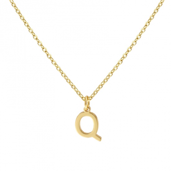 Picture of 18K Real Gold Plated Link Cable Chain Pendant Charm Necklace, Brass 45cm(17.7") + 5cm(2"), For Women, Message " Q " Minimalist Capital Alphabet Initial Letter Name Gift, Eco-friendly, 1 Piece