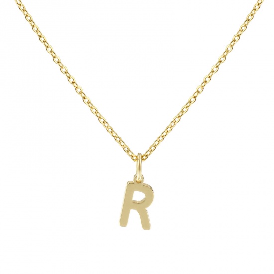 Picture of 18K Real Gold Plated Link Cable Chain Pendant Charm Necklace, Brass 45cm(17.7") + 5cm(2"), For Women, Message " R " Minimalist Capital Alphabet Initial Letter Name Gift, Eco-friendly, 1 Piece