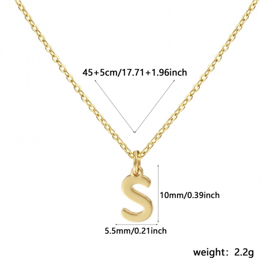 Picture of 18K Real Gold Plated Link Cable Chain Pendant Charm Necklace, Brass 45cm(17.7") + 5cm(2"), For Women, Message " S " Minimalist Capital Alphabet Initial Letter Name Gift, Eco-friendly, 1 Piece