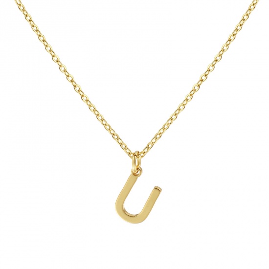 Picture of 18K Real Gold Plated Link Cable Chain Pendant Charm Necklace, Brass 45cm(17.7") + 5cm(2"), For Women, Message " U " Minimalist Capital Alphabet Initial Letter Name Gift, Eco-friendly, 1 Piece