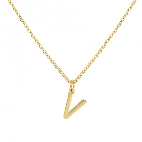 Picture of 18K Real Gold Plated Link Cable Chain Pendant Charm Necklace, Brass 45cm(17.7") + 5cm(2"), For Women, Message " V " Minimalist Capital Alphabet Initial Letter Name Gift, Eco-friendly, 1 Piece
