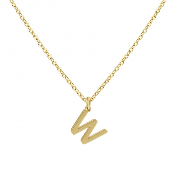 Picture of 18K Real Gold Plated Link Cable Chain Pendant Charm Necklace, Brass 45cm(17.7") + 5cm(2"), For Women, Message " W " Minimalist Capital Alphabet Initial Letter Name Gift, Eco-friendly, 1 Piece