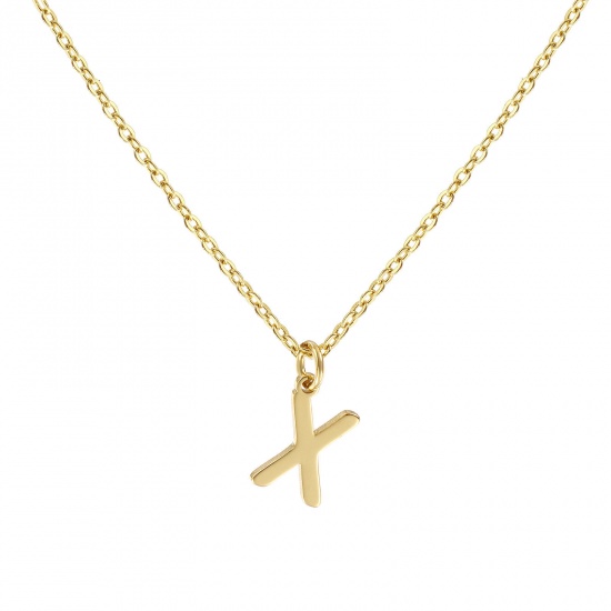 Picture of 18K Real Gold Plated Link Cable Chain Pendant Charm Necklace, Brass 45cm(17.7") + 5cm(2"), For Women, Message " X " Minimalist Capital Alphabet Initial Letter Name Gift, Eco-friendly, 1 Piece