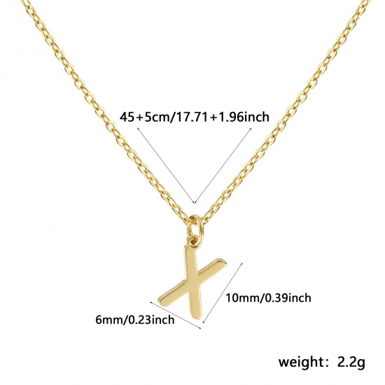 Picture of 18K Real Gold Plated Link Cable Chain Pendant Charm Necklace, Brass 45cm(17.7") + 5cm(2"), For Women, Message " X " Minimalist Capital Alphabet Initial Letter Name Gift, Eco-friendly, 1 Piece