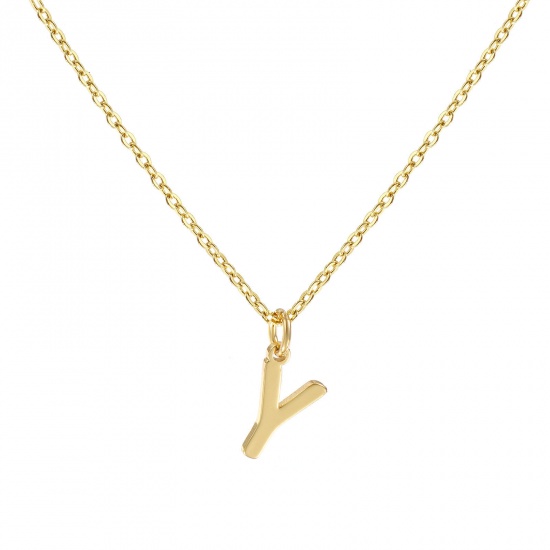 Picture of 18K Real Gold Plated Link Cable Chain Pendant Charm Necklace, Brass 45cm(17.7") + 5cm(2"), For Women, Message " Y " Minimalist Capital Alphabet Initial Letter Name Gift, Eco-friendly, 1 Piece