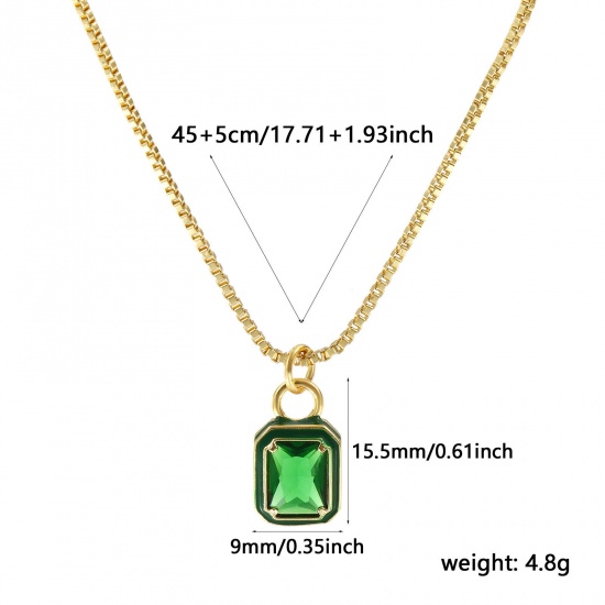 Picture of 18K Real Gold Plated Box Chain Octagon Pendant Charm Necklace, Brass & Glass 45cm(17.7") + 5cm(2"), For Women, Green Enamel Minimalist Exquisite Gift, Eco-friendly, 1 Piece