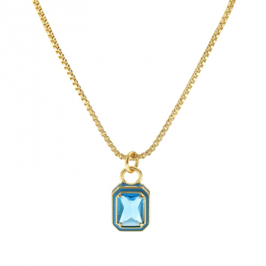Picture of 18K Real Gold Plated Box Chain Octagon Pendant Charm Necklace, Brass & Glass 45cm(17.7") + 5cm(2"), For Women, Blue Enamel Minimalist Exquisite Gift, Eco-friendly, 1 Piece