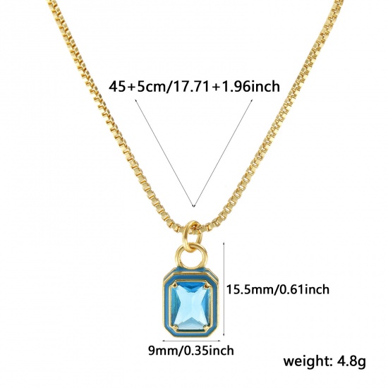 Picture of 18K Real Gold Plated Box Chain Octagon Pendant Charm Necklace, Brass & Glass 45cm(17.7") + 5cm(2"), For Women, Blue Enamel Minimalist Exquisite Gift, Eco-friendly, 1 Piece