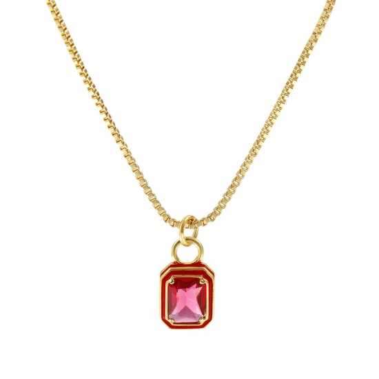 Picture of 18K Real Gold Plated Box Chain Octagon Pendant Charm Necklace, Brass & Glass 45cm(17.7") + 5cm(2"), For Women, Red Enamel Minimalist Exquisite Gift, Eco-friendly, 1 Piece