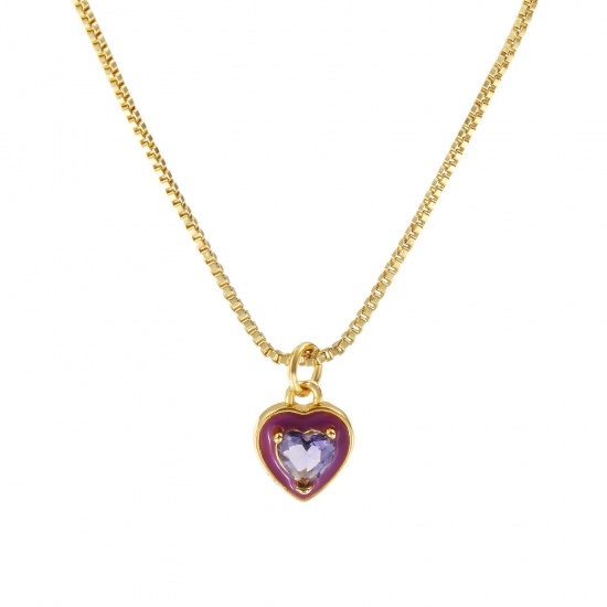Picture of 18K Real Gold Plated Box Chain Heart Pendant Charm Necklace, Brass & Glass 45cm(17.7") + 5cm(2"), For Women, Purple Enamel Minimalist Valentine's Day Gift, Eco-friendly, 1 Piece