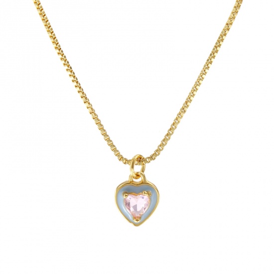 Picture of 18K Real Gold Plated Box Chain Heart Pendant Charm Necklace, Brass & Glass 45cm(17.7") + 5cm(2"), For Women, Light Blue Enamel Minimalist Valentine's Day Gift, Eco-friendly, 1 Piece