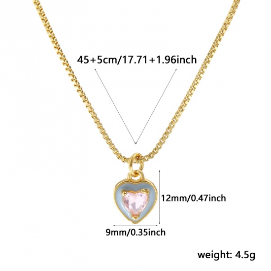 Picture of 18K Real Gold Plated Box Chain Heart Pendant Charm Necklace, Brass & Glass 45cm(17.7") + 5cm(2"), For Women, Light Blue Enamel Minimalist Valentine's Day Gift, Eco-friendly, 1 Piece