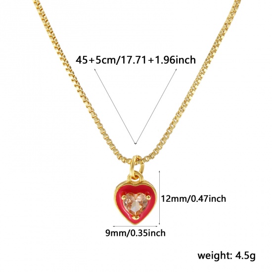 Picture of 18K Real Gold Plated Box Chain Heart Pendant Charm Necklace, Brass & Glass 45cm(17.7") + 5cm(2"), For Women, Fuchsia Enamel Minimalist Valentine's Day Gift, Eco-friendly, 1 Piece