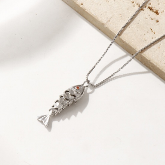 Bild von Echt Platin plattiert Venezianerkette Fisch Anhänger Halskette, Messing 45cm + 5cm, Für Frauen, Orange Zirkonia 3D Beweglich, Stilvoll Ozean Schmuck Geschenk, Umweltfreundlich, 1 Strang