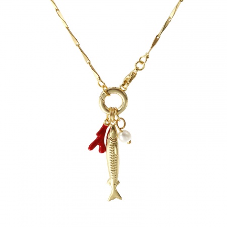 18K Echtgold plattiert Melonenkerne Kette Fisch Anhänger Halskette, Messing & Natürliche Perle 45cm, Für Frauen, Koralle Rot Emaille Mit Federringverschluss, Stilvoll Ozean Schmuck Geschenk, Umweltfreundlich, 1 Strang