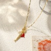 Bild von 18K Echtgold plattiert Melonenkerne Kette Fisch Anhänger Halskette, Messing & Natürliche Perle 45cm, Für Frauen, Koralle Rot Emaille Mit Federringverschluss, Stilvoll Ozean Schmuck Geschenk, Umweltfreundlich, 1 Strang