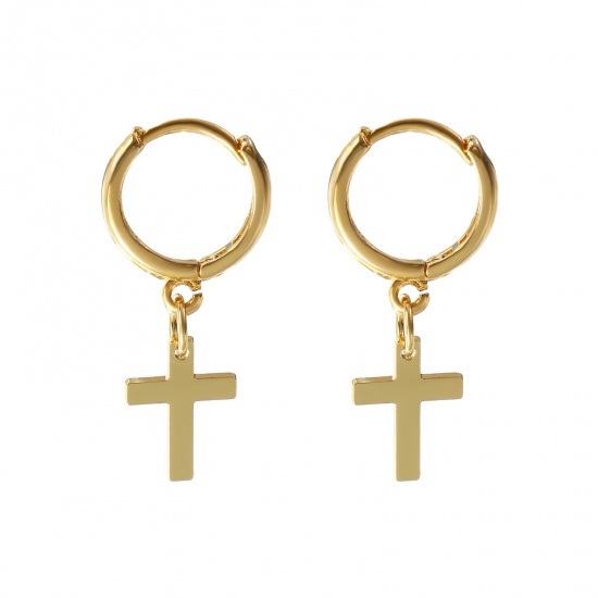 Immagine di 1 Paio Ecologico Squisito Religione 18K Vero Oro Placcato Ottone Croce Orecchini Circolari Per Donne Regalo 3.1cm x 1.4cm, Posta / Filo Dimensione: 1mm(18 misura)