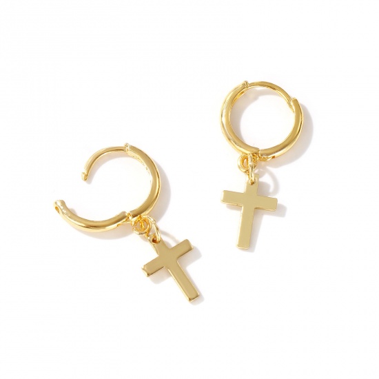 Immagine di 1 Paio Ecologico Squisito Religione 18K Vero Oro Placcato Ottone Croce Orecchini Circolari Per Donne Regalo 3.1cm x 1.4cm, Posta / Filo Dimensione: 1mm(18 misura)