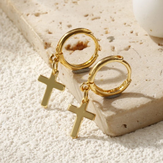 Immagine di 1 Paio Ecologico Squisito Religione 18K Vero Oro Placcato Ottone Croce Orecchini Circolari Per Donne Regalo 3.1cm x 1.4cm, Posta / Filo Dimensione: 1mm(18 misura)