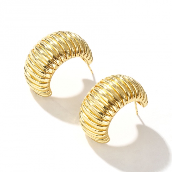 Image de 1 Paire Boucles d'Oreilles Créoles Exquis en Laiton Respectueux de la Nature Minimaliste Forme de C Rayées Plaqué Or Véritable 18K Cadeau Pour Femmes 28mm x 28mm, Taille de Fil: 0.7mm(taille 21)
