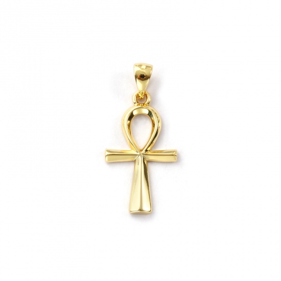 Immagine di 2 Pz Ecologico Ottone Religione Ciondoli Pendenti 18K Vero Oro Placcato Croce Egiziana Filigrana 28mm x 13mm