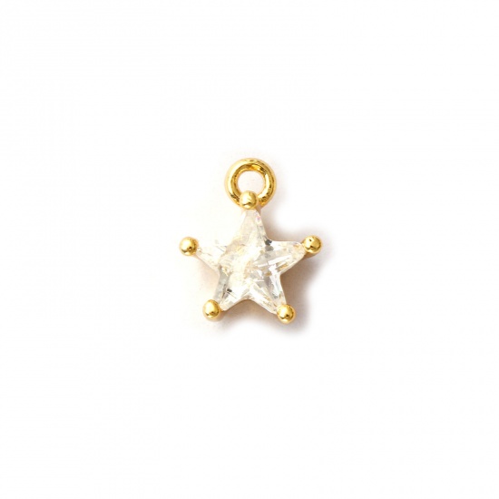 Image de 2 Pcs Breloques en Laiton Plaqué Or 18K Etoile à Zircone Cubique Clair 10mm x 8mm