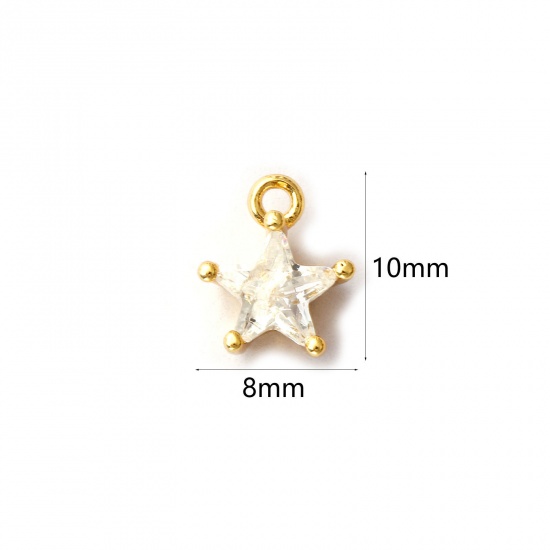 Image de 2 Pcs Breloques en Laiton Plaqué Or 18K Etoile à Zircone Cubique Clair 10mm x 8mm