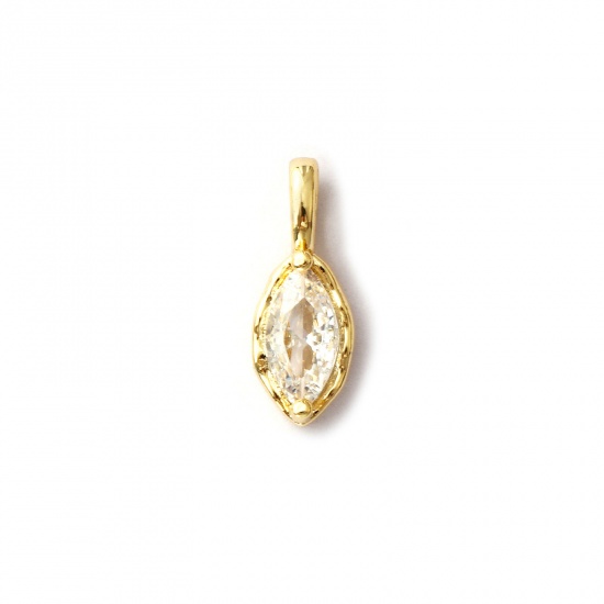 Image de 2 Pcs Breloques en Laiton Plaqué Or 18K Feuille à Zircone Cubique Clair 15mm x 5.5mm
