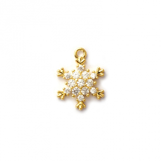 Picture of 2 PCs Brass Charms 18K Gold Plated Christmas Snowflake Micro Pave Clear Cubic Zirconia 14.5mm x 11mm