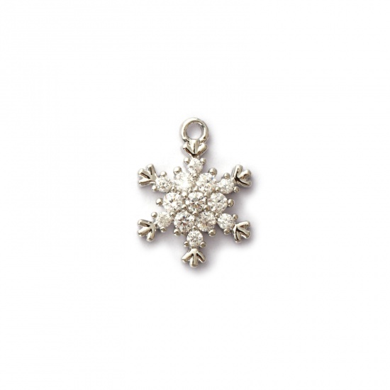 Picture of 2 PCs Brass Charms Platinum Plated Christmas Snowflake Micro Pave Clear Cubic Zirconia 14.5mm x 11mm