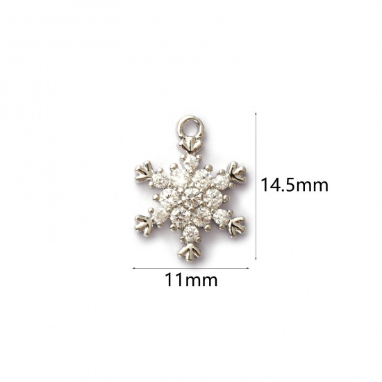 Picture of 2 PCs Brass Charms Platinum Plated Christmas Snowflake Micro Pave Clear Cubic Zirconia 14.5mm x 11mm