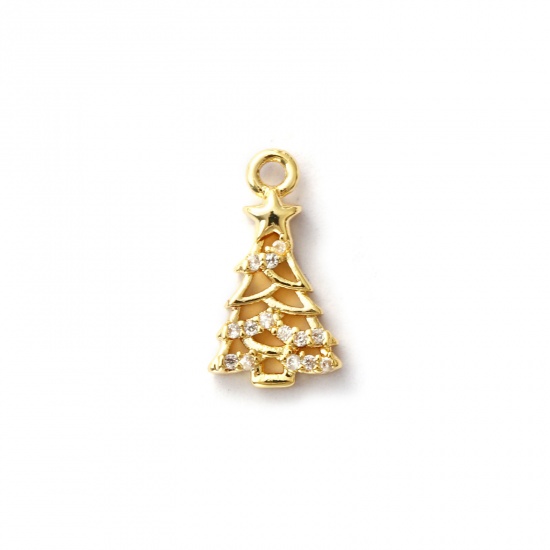 Picture of 2 PCs Brass Charms 18K Gold Plated Christmas Tree Micro Pave Clear Cubic Zirconia 13mm x 7mm
