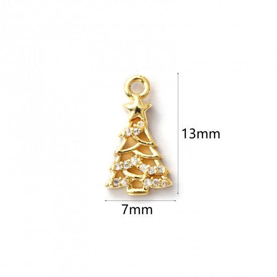 Picture of 2 PCs Brass Charms 18K Gold Plated Christmas Tree Micro Pave Clear Cubic Zirconia 13mm x 7mm