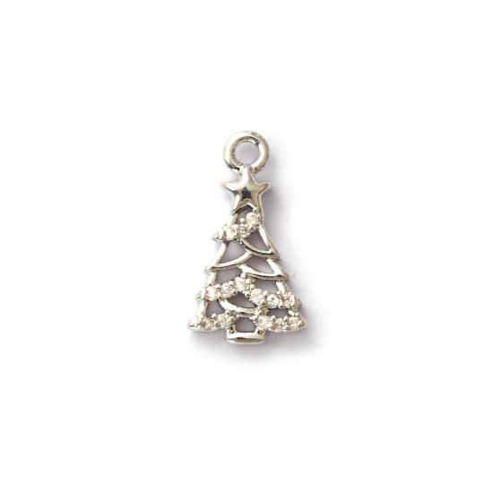 Picture of 2 PCs Brass Charms Platinum Plated Christmas Tree Micro Pave Clear Cubic Zirconia 13mm x 7mm