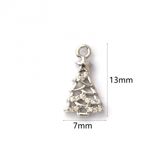 Picture of 2 PCs Brass Charms Platinum Plated Christmas Tree Micro Pave Clear Cubic Zirconia 13mm x 7mm