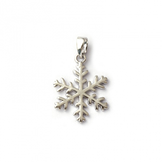 Picture of 2 PCs Brass Charm Pendant Platinum Plated Christmas Snowflake Hollow 24mm x 15mm