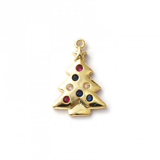 Picture of 2 PCs Brass Charms 18K Gold Plated Christmas Tree Micro Pave Multicolour Cubic Zirconia 22mm x 15mm