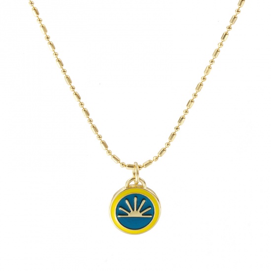 Picture of 18K Real Gold Plated Bamboo Chain Round Pendant Charm Necklace, Brass 45cm(17.7") + 5cm(2"), For Women, Sun Peacock Blue Enamel Retro Galaxy Gift, Eco-friendly, 1 Piece